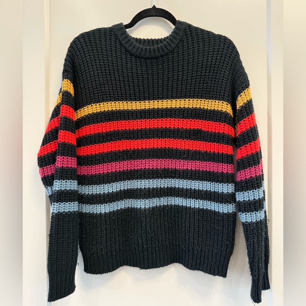 Volcom Women’s ‘Move On Up’ Striped Knit Long-Sleeve Black & Rainbow Sweater